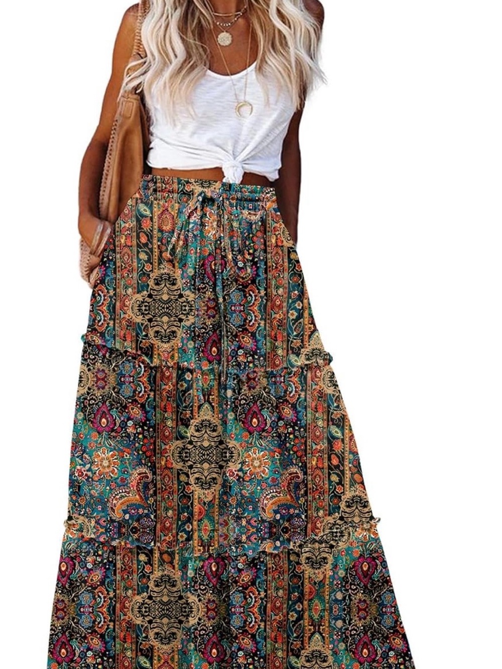 zeagoo Teal & Tan Boho Floral Tiered Maxi Skirt